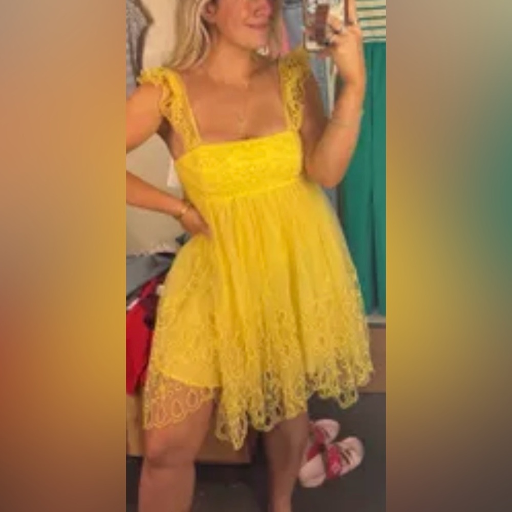 Anthropologie Let Me Be Eyelet Tulle Mini Dress in yellow, size Large